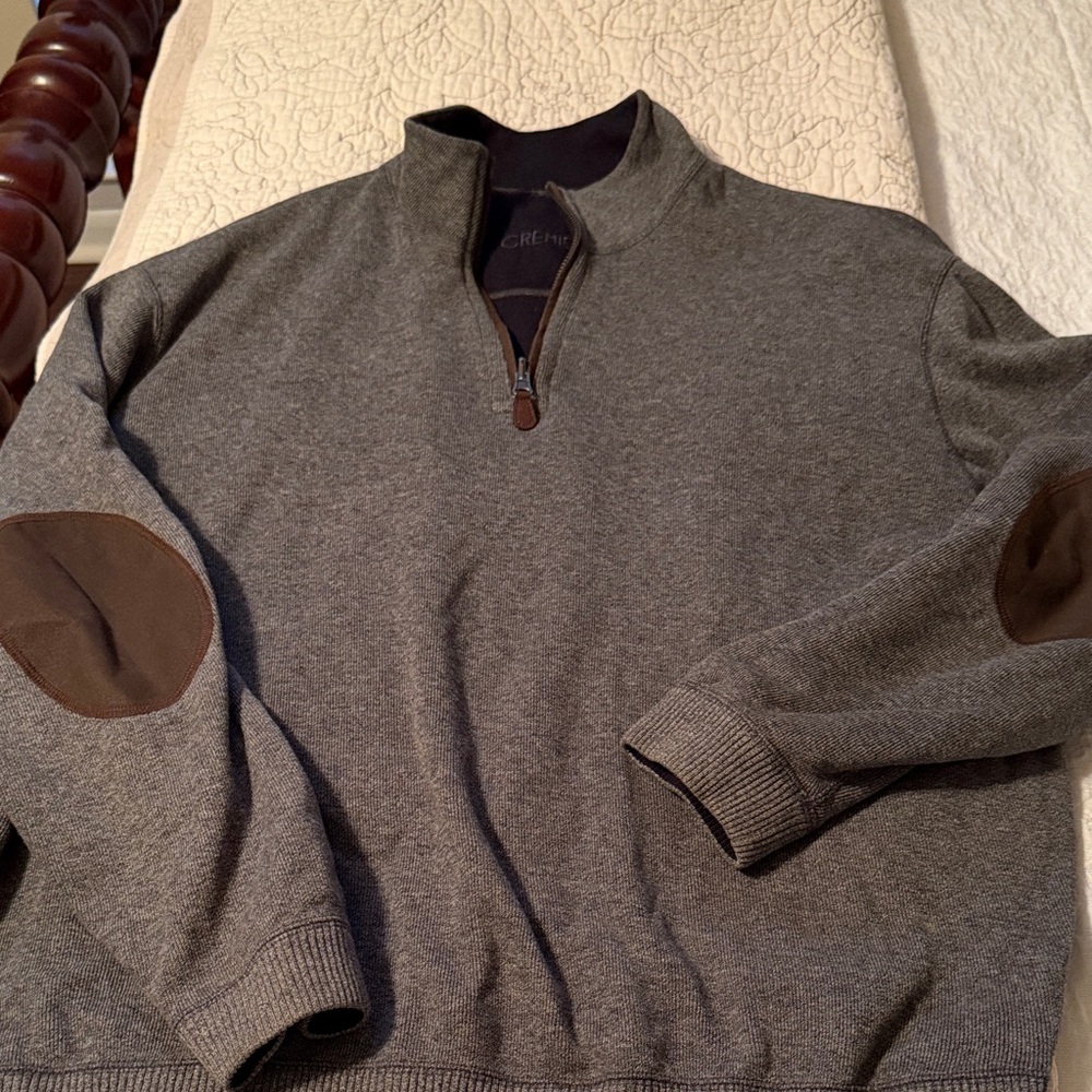 Daniel Cremieux Gray Zip-Up Sweater with Brown Elbow Patches